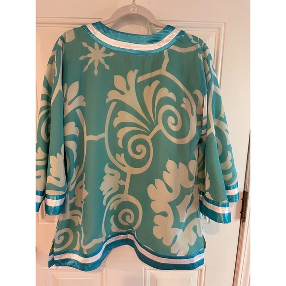 Randolph Duke SILK Open Front Short Kimono Blue Green Reversible Sz 8 Boho Artsy - Picture 3 of 13